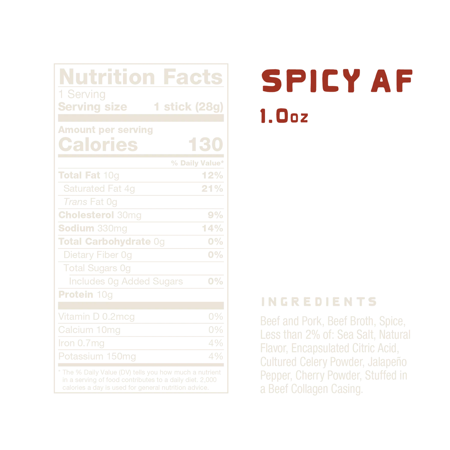 Nutrition facts label for No Man's Land Spicy AF meat sticks