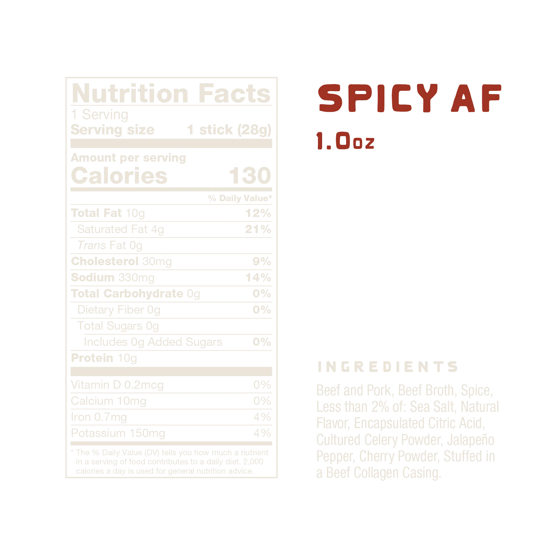 Nutrition facts label for No Man's Land Spicy AF meat sticks
