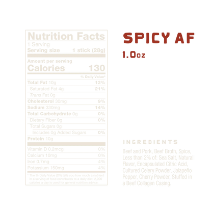 Nutrition facts label for No Man's Land Spicy AF meat sticks