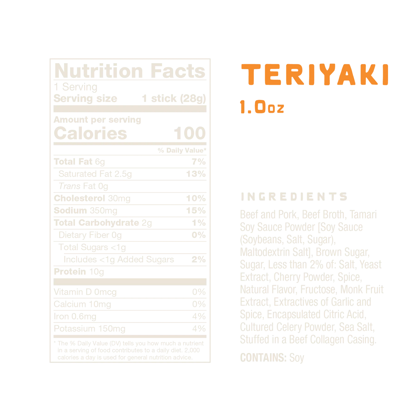 Nutrition facts and ingredients label for a 1.0oz teriyaki No Man's Land Meat Stick