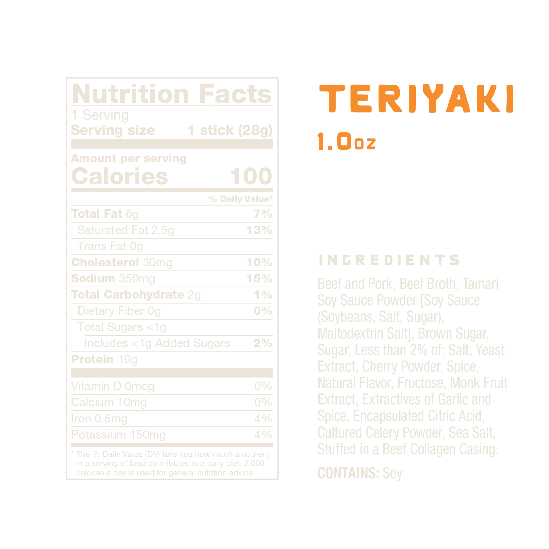 Nutrition facts and ingredients label for a 1.0oz teriyaki No Man's Land Meat Stick